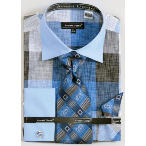 Avanti Uomo Navy / Sky Blue / Grey Check Design Shirt / Tie / Hanky Set With Free Cufflinks DN65M